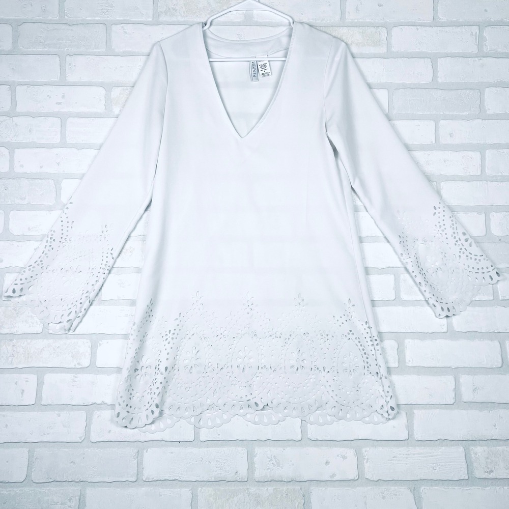 Kenneth Cole Reaction White Lace‎ Trim V Neck Long Sleeve Dress